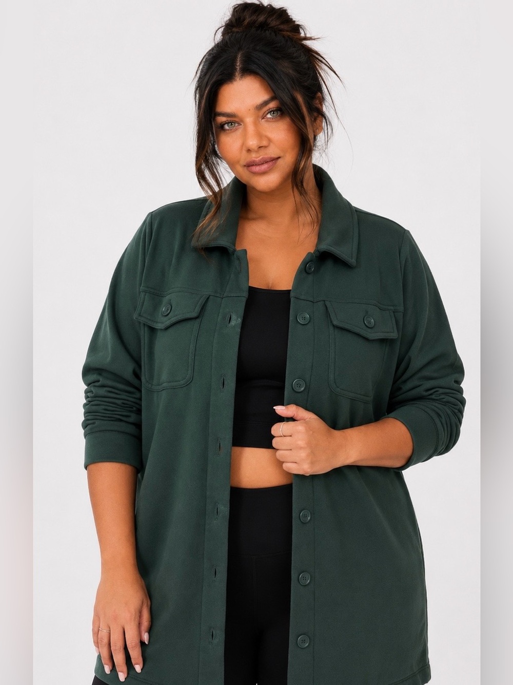 Brushed Fleece Dark Green Active Button-Up Shacket